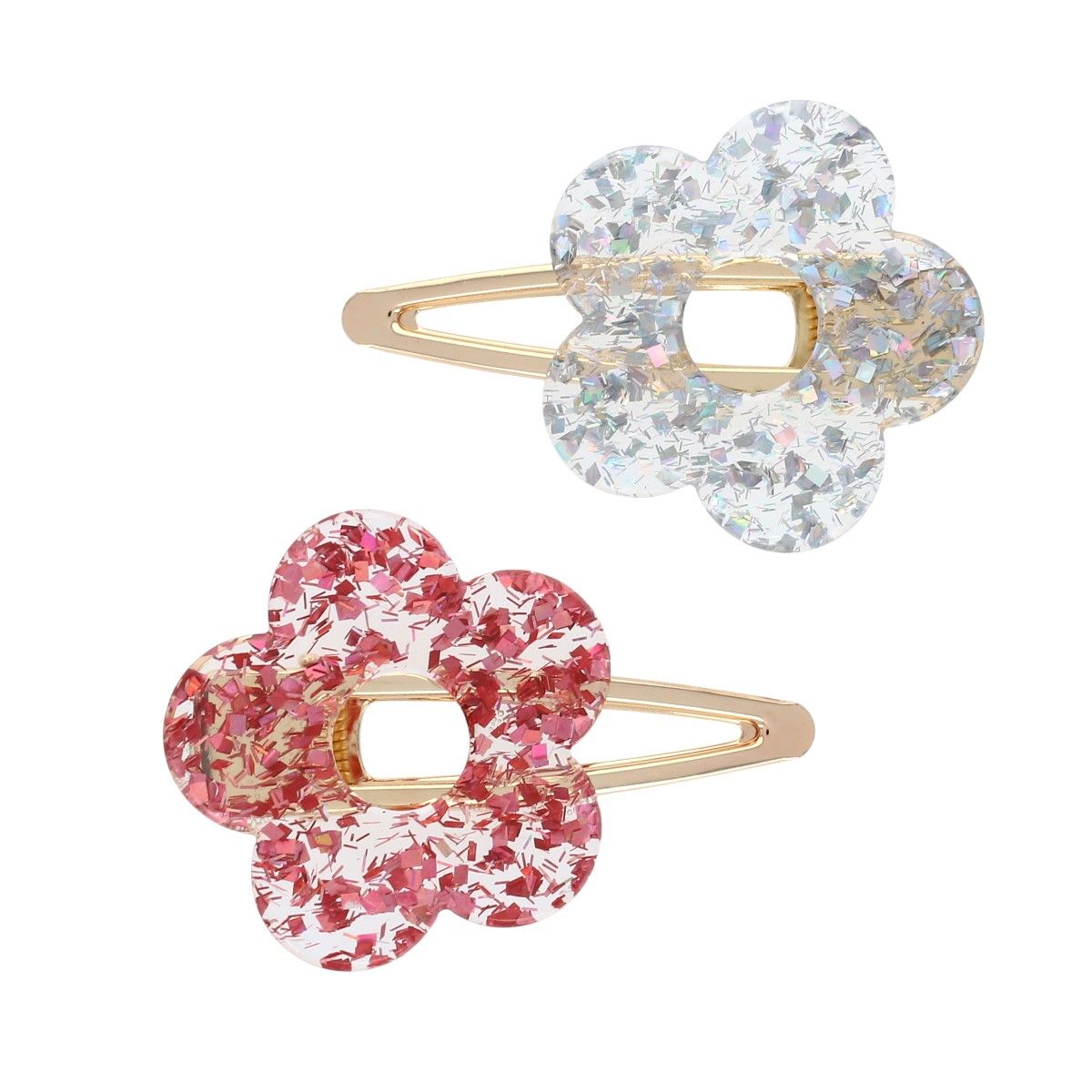 Lot de 2 barrettes fleurs à paillettes rose et argent 2