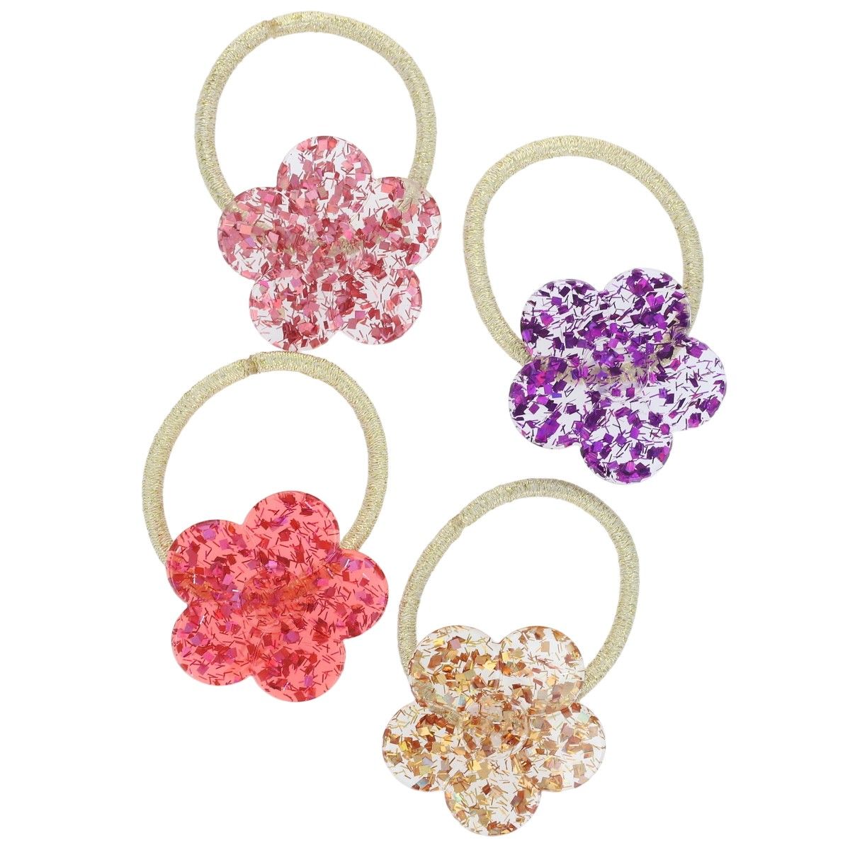 Lot de 4 élastiques cheveux dorés et fleurs pailletées 2