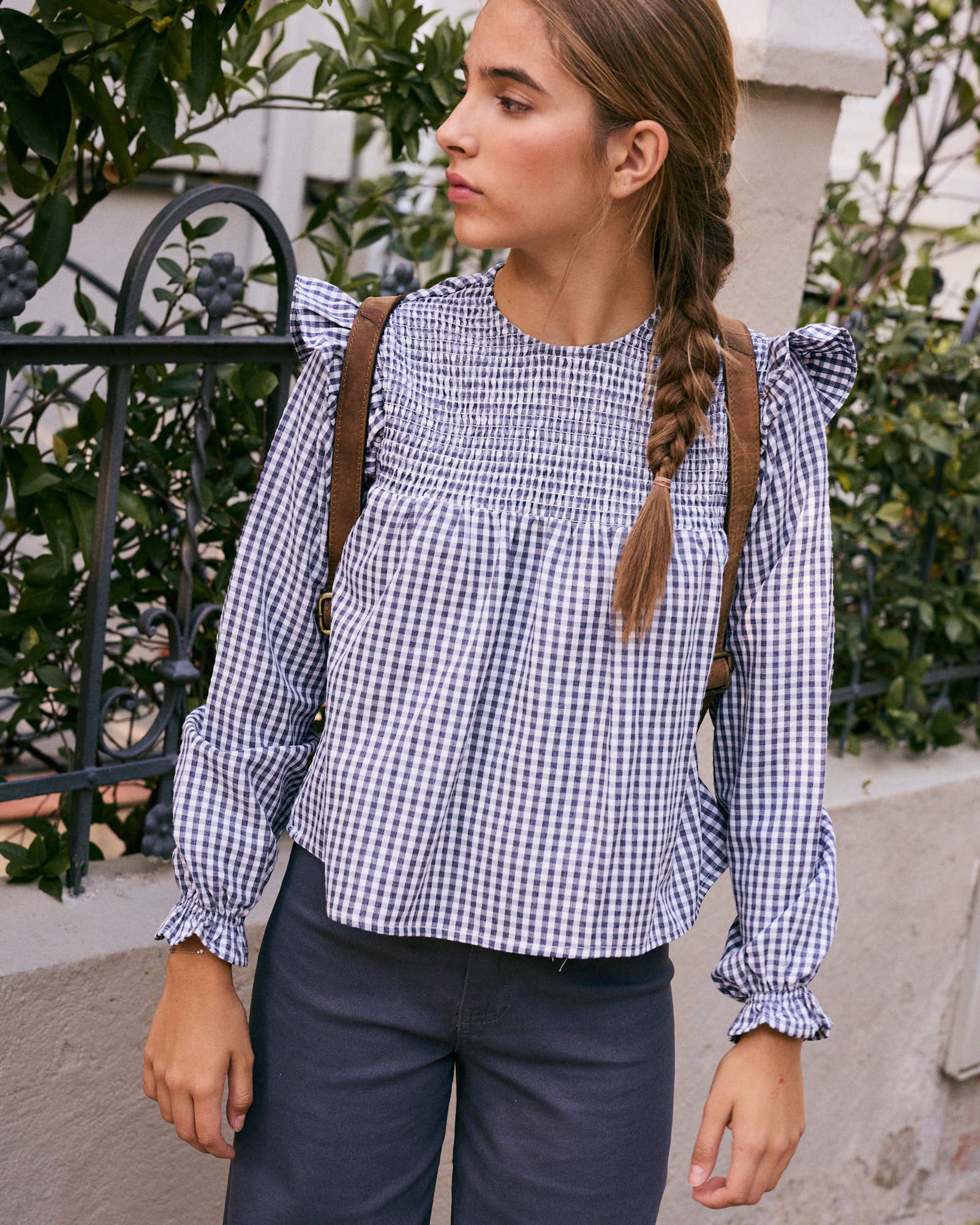 Blouse à manches longues à carreaux bleu et blanc Vichy pour fille 2