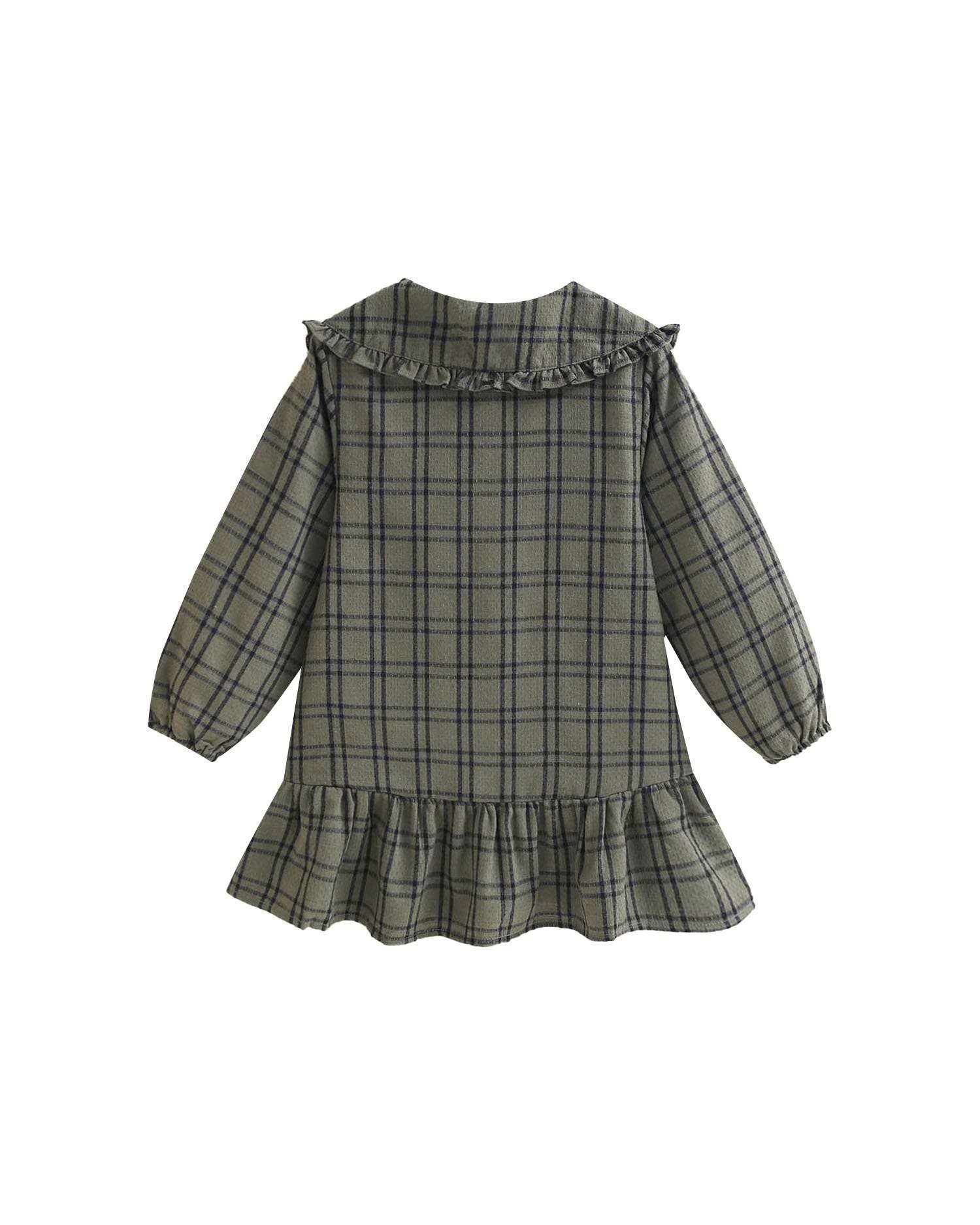 Robe à carreaux vert olive et bleu avec col Peter Pan — 3 ans