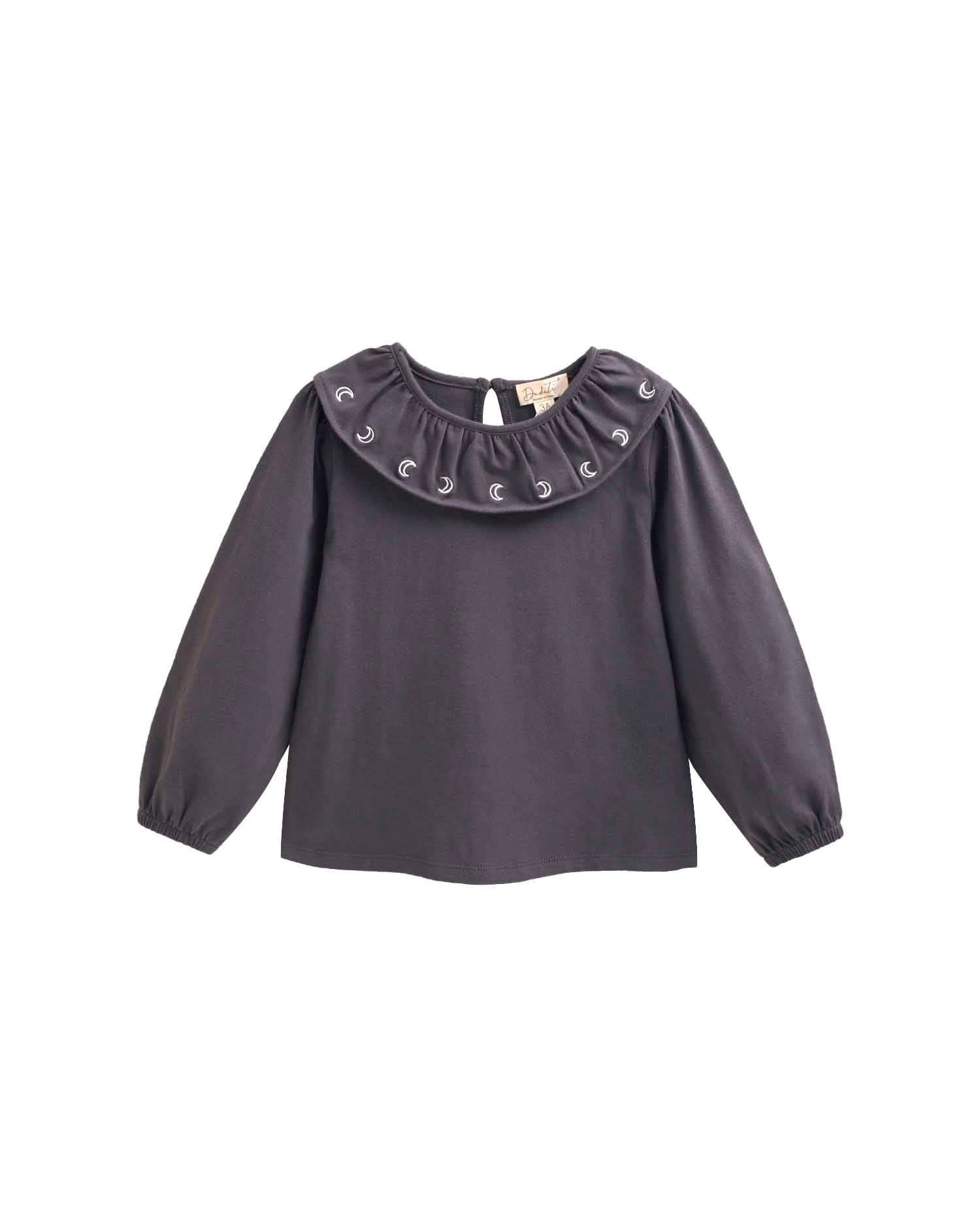 T-shirt gris foncé pour fille avec col volanté et broderie — gris / 3 ans
