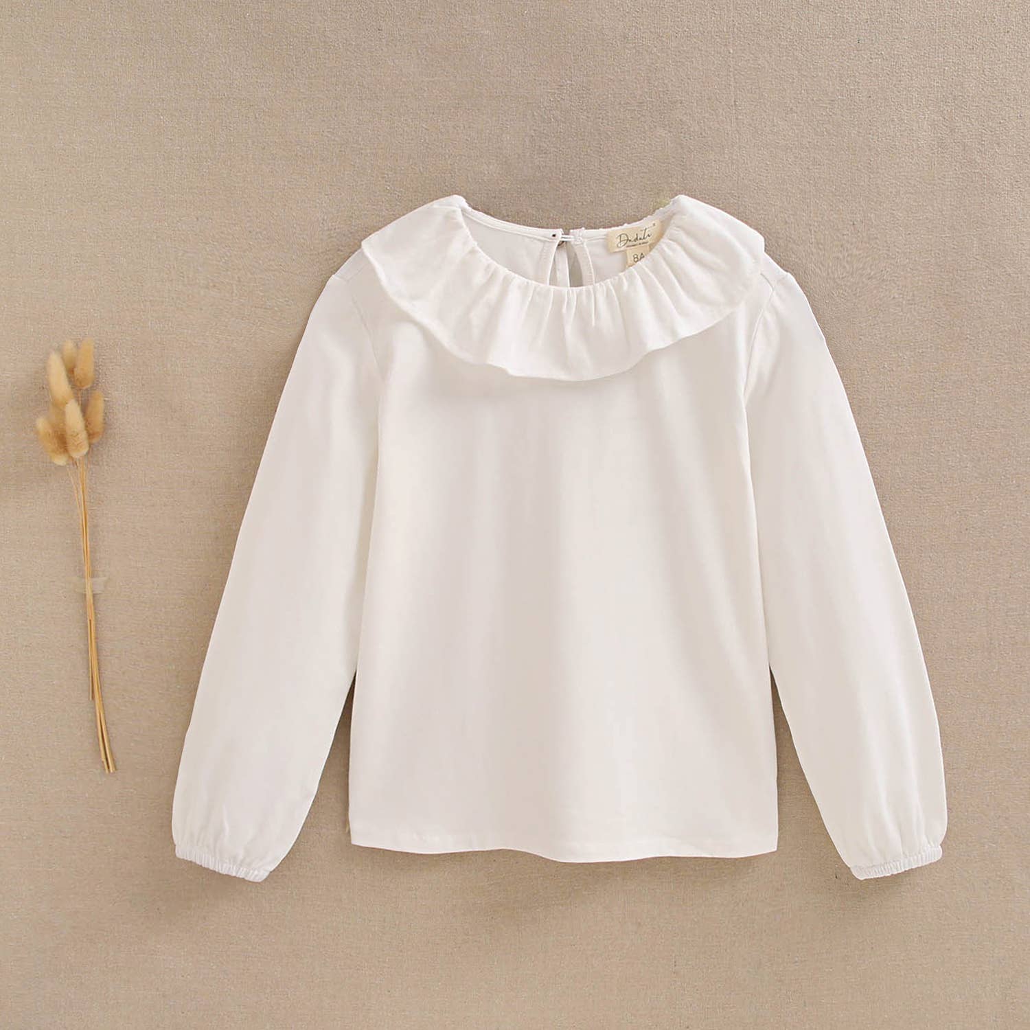 T-shirt blanc en coton à col volanté pour fille 2
