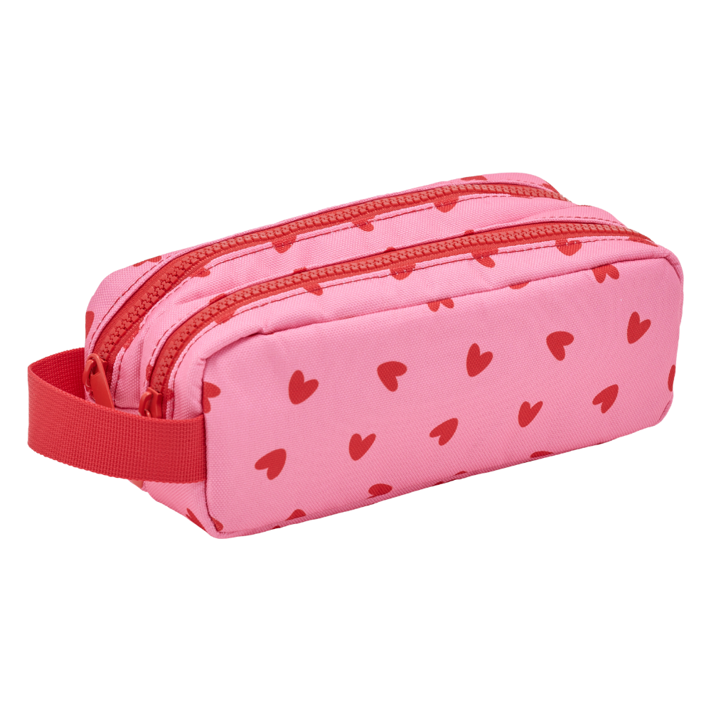 Trousse double — coeurs-rouges-fond-rose