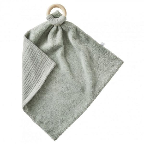Doudou bi-matière avec anneau de dentition vert de gris