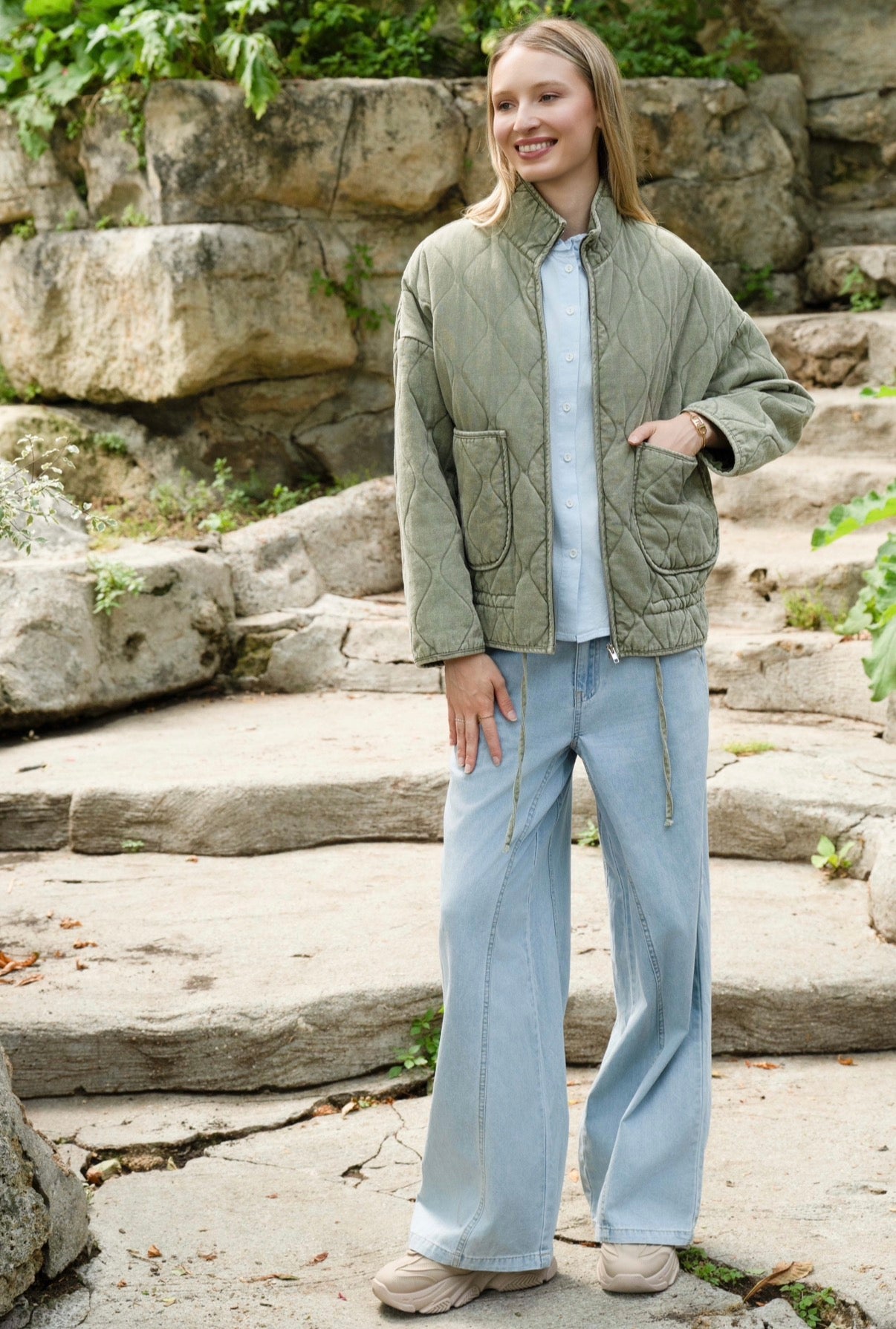 Blouson en Jean vert manches longues — taille-unique
