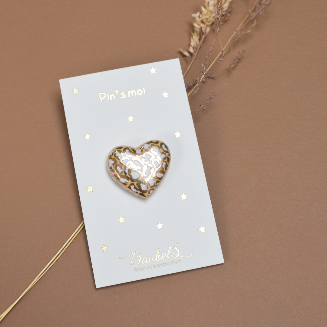 Pin's Coeur Léopard : Blanc & Doré 2