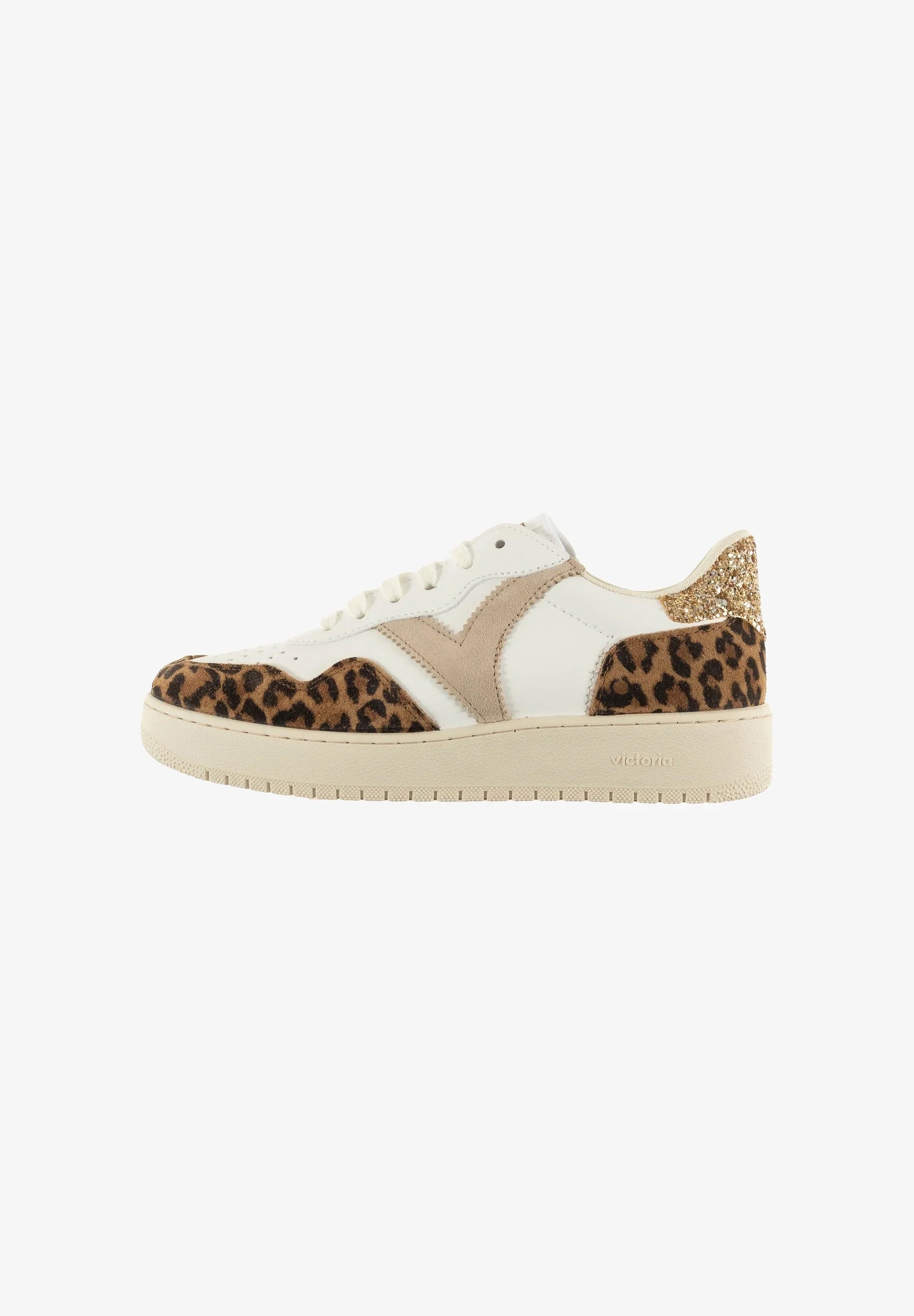 Victoria : basket ado Léopardo V/beige talon paillettes dorées semelle épaisse — 36
