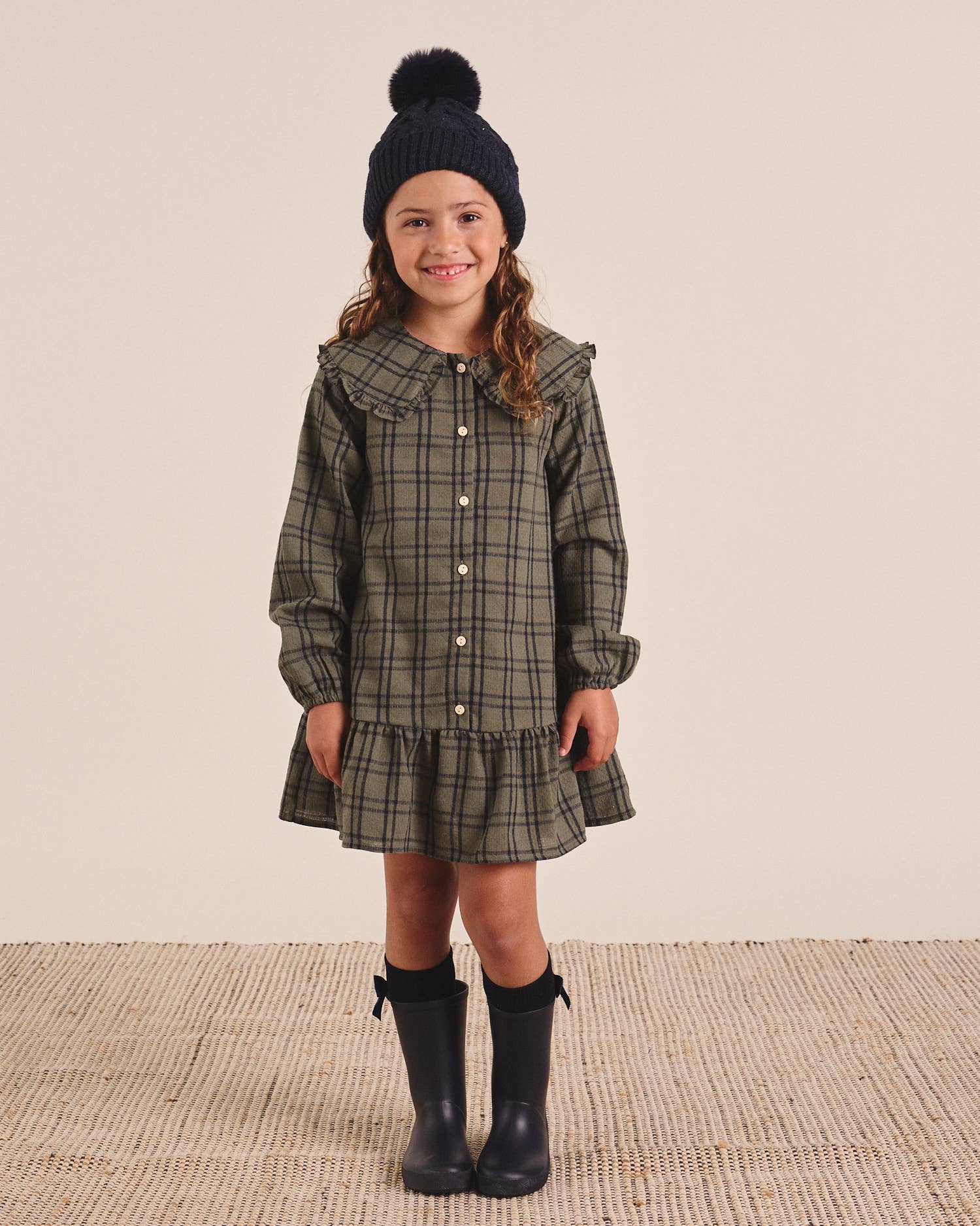 Robe à carreaux vert olive et bleu avec col Peter Pan 2