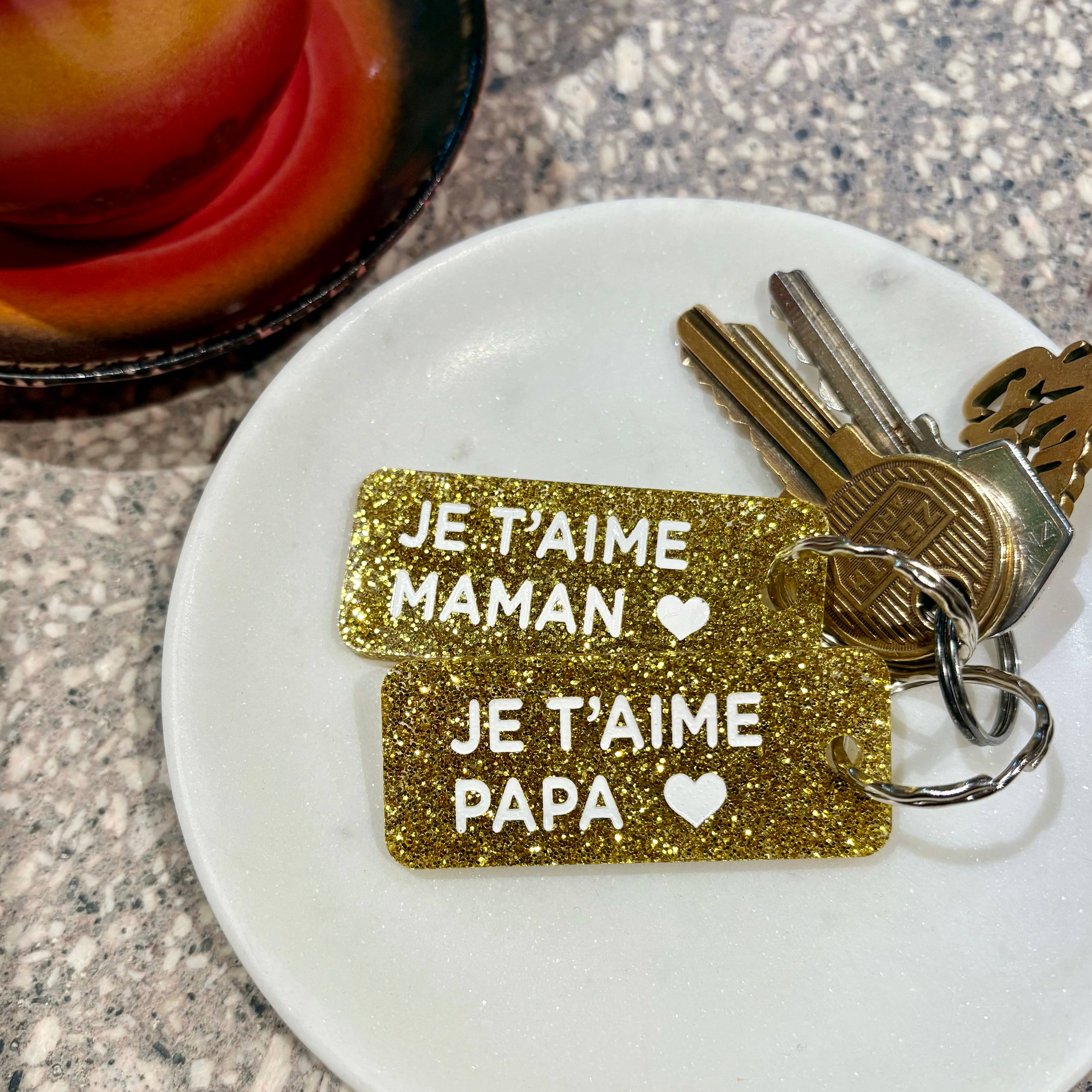 Porte-clés à paillettes : Je t'aime maman