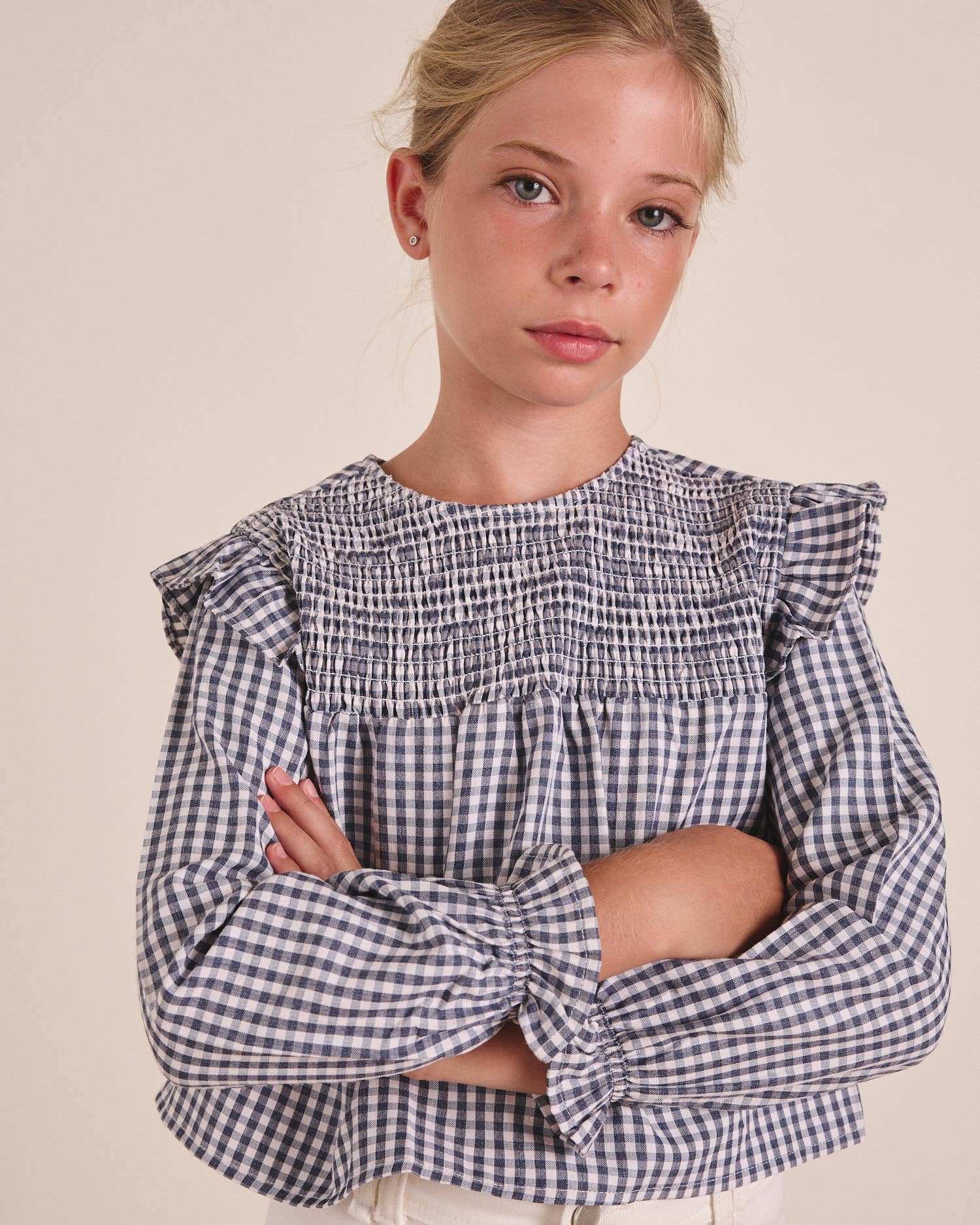 Blouse à manches longues à carreaux bleu et blanc Vichy pour fille 8