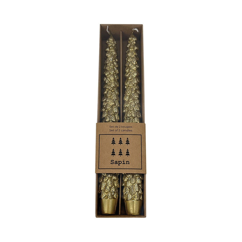 Set de 2 bougies flambeaux sapins dorés