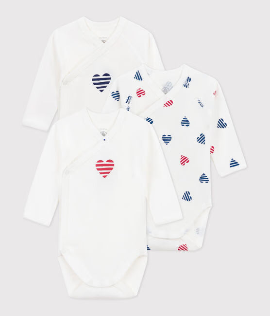 Lot de 3 bodies croisés manches longues en coton cœurs rayé bébé — Naissance