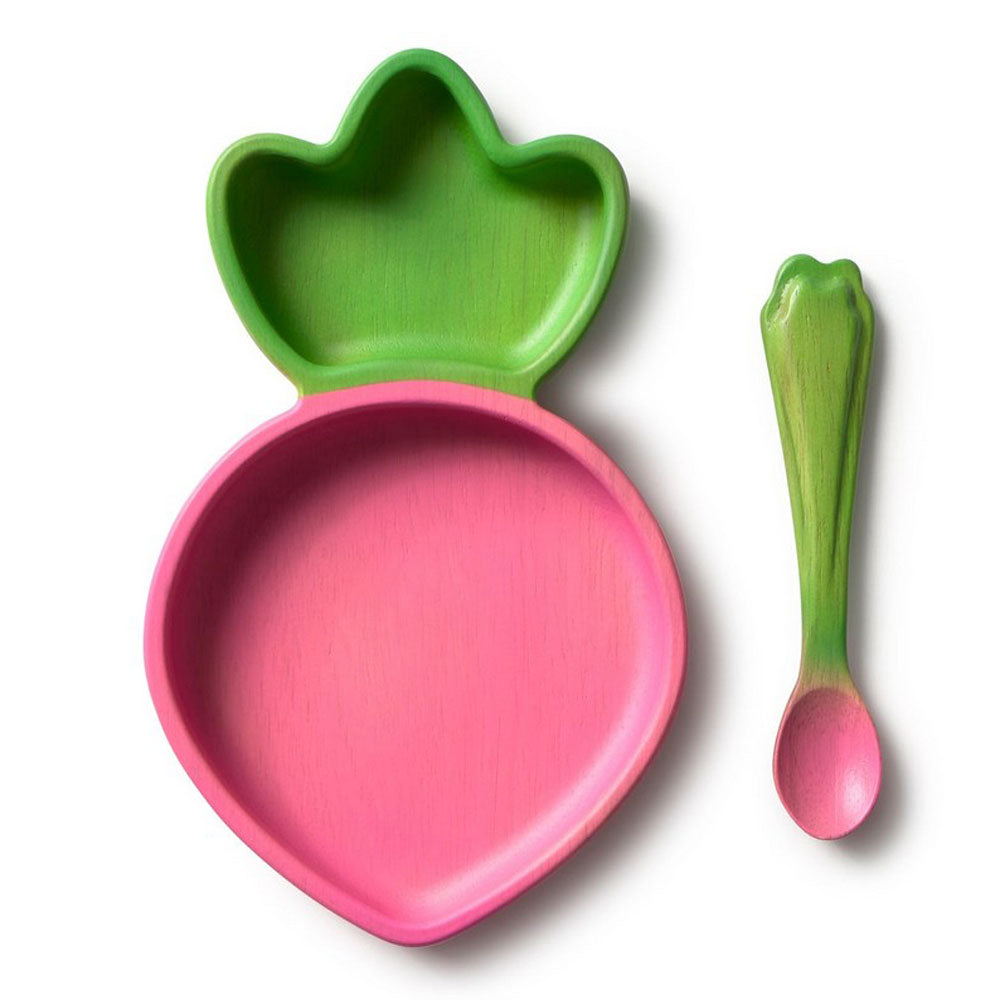 Set repas en bois d'hévéa Assiette et Cuillère Ramona le radis 2