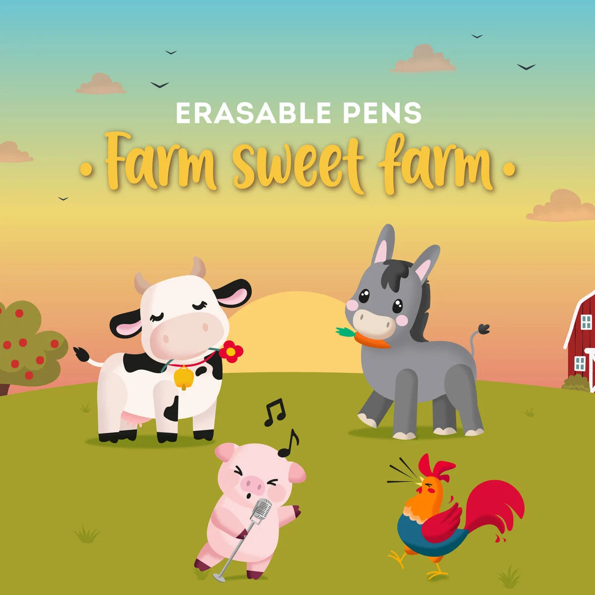 Set de 4 stylos gel encre effaçable Les Animaux de la ferme 2