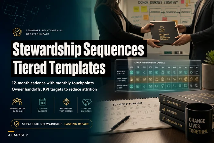 Stewardship sequences for mid-level and major donors: tiered templates with exact cadence, owner handoffs and KPI targets