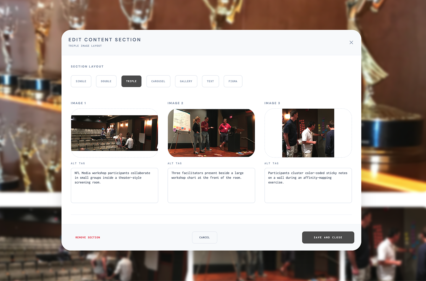 The modal overlay for managing the content of an image gallery.