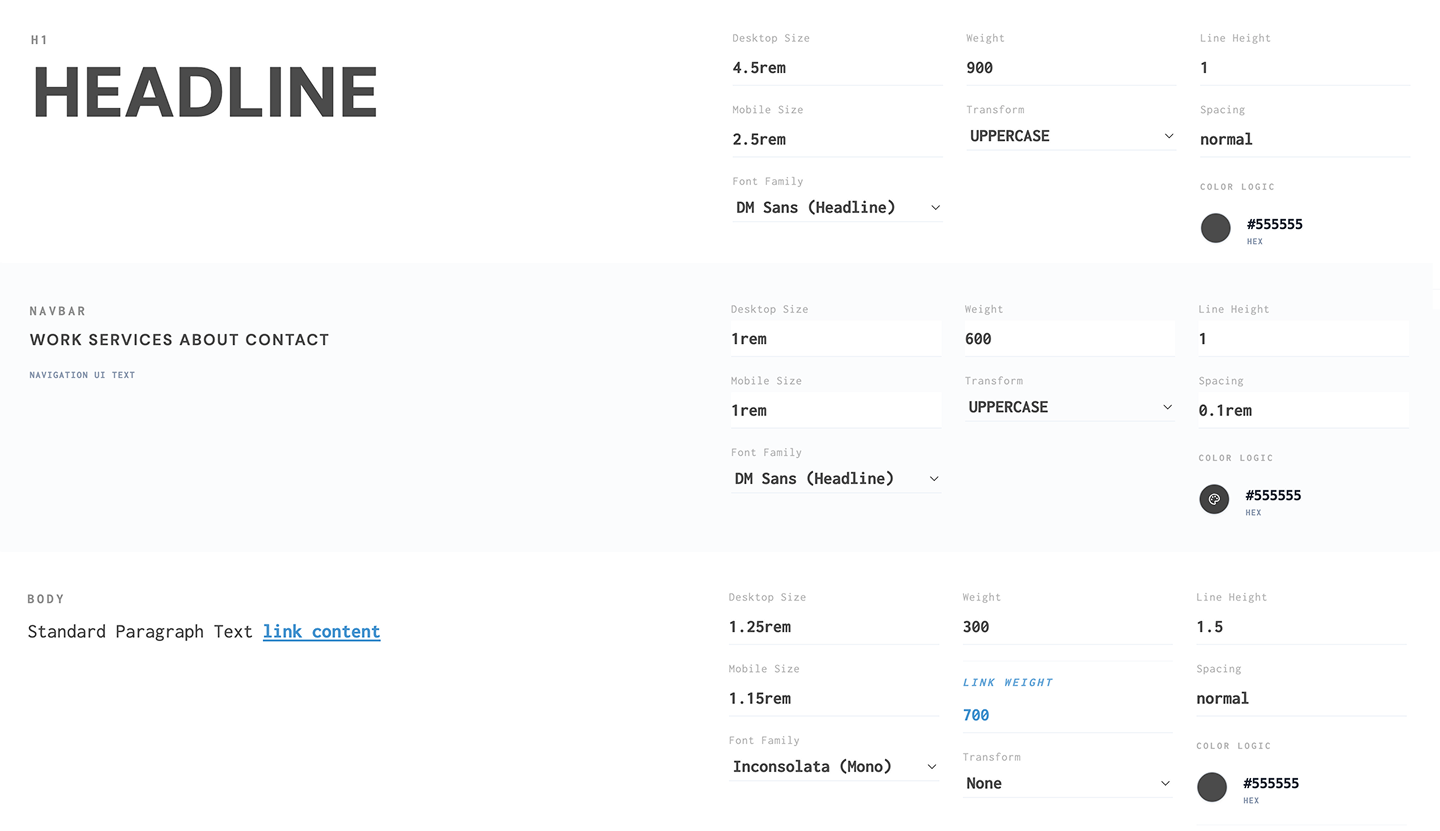 Type ramp controls including font face, size, spacing, color, etc.
