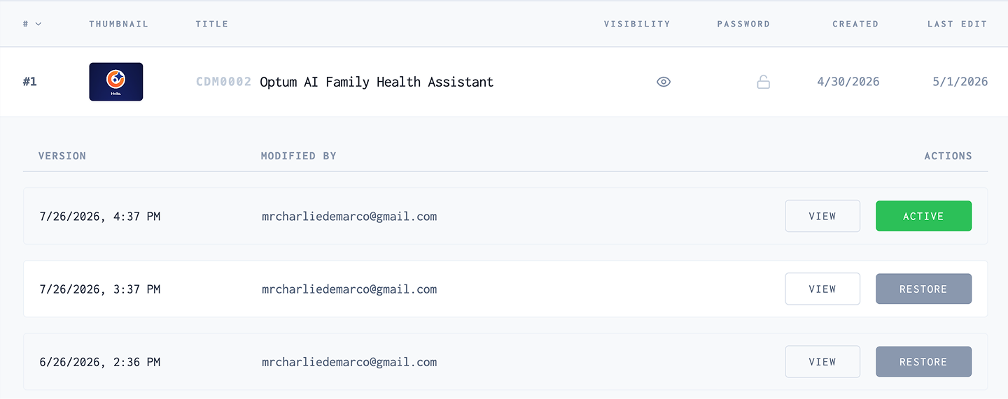 The admin screen showing the version history of one of the case studies.