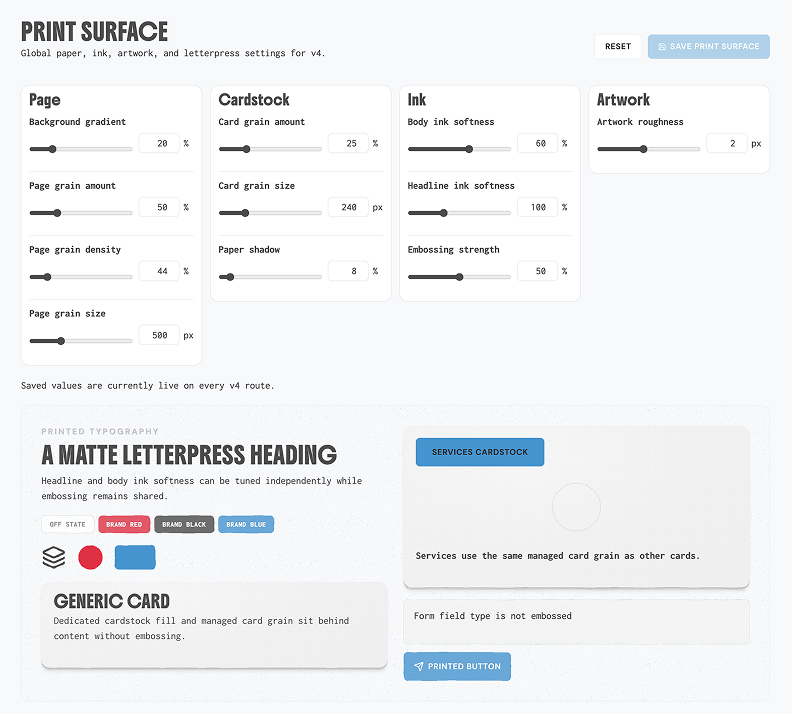 Type ramp controls including font face, size, spacing, color, etc.