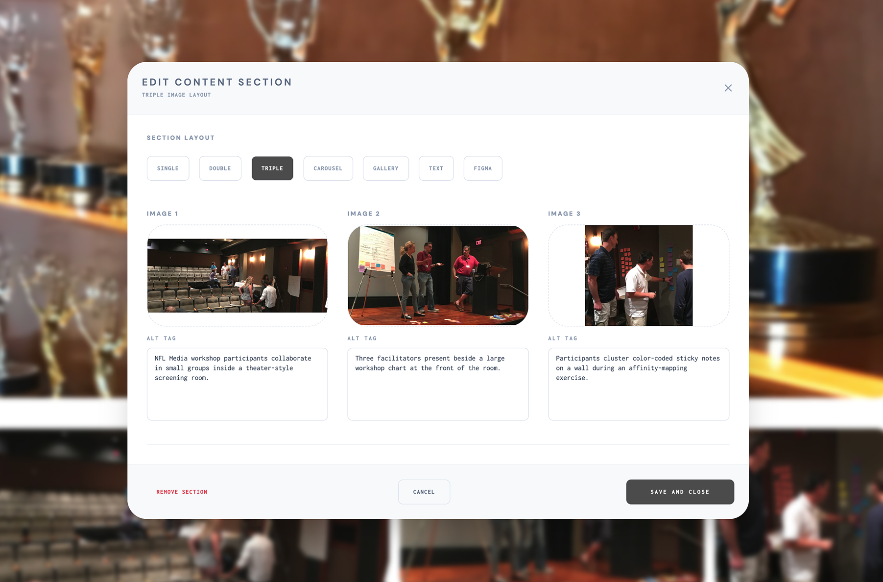 The modal overlay for managing the content of an image gallery.