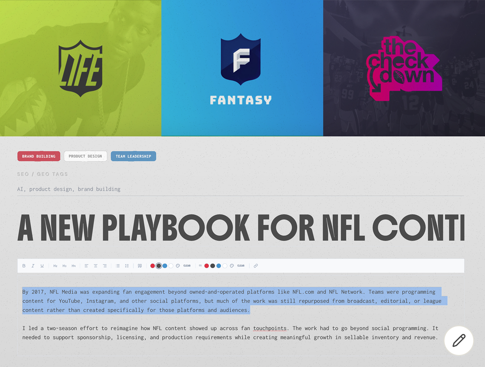 The editing tools for header images and copy active on a case study page.