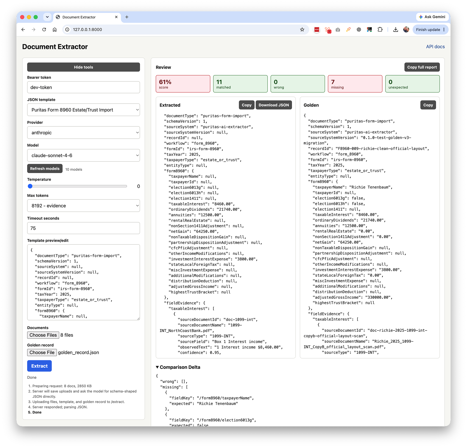 The dashboard view of the data extraction service.