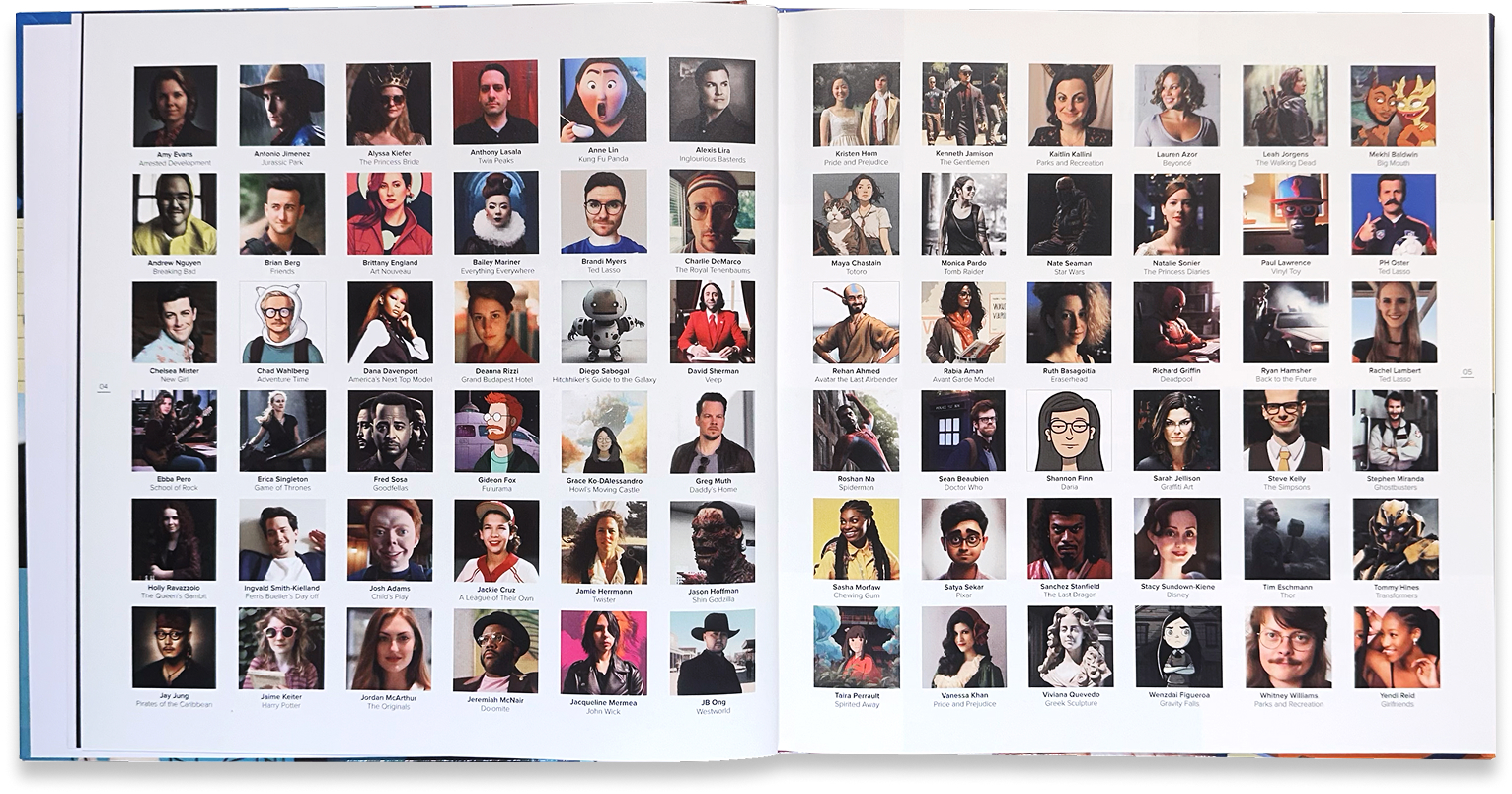 Two-page roster assembles dozens of individual contributor portraits in a dense celebratory grid.