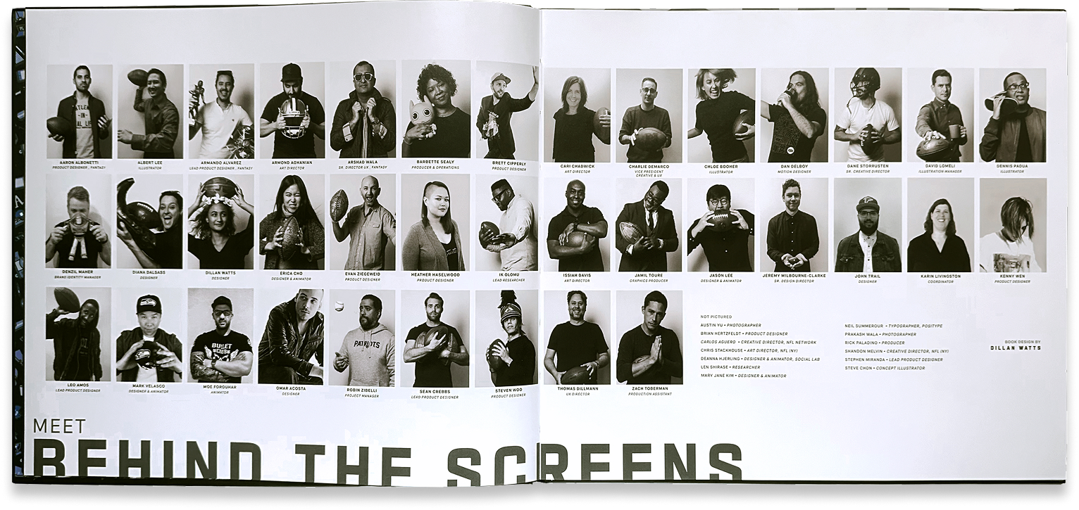 Black-and-white “Behind the Screens” team portrait grid recognizes the people who created the work.