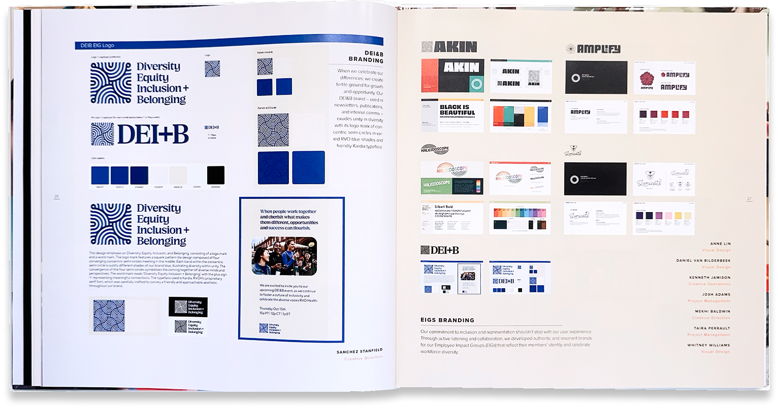 Digital design-system boards organize color, typography, interface components, and branded content examples.