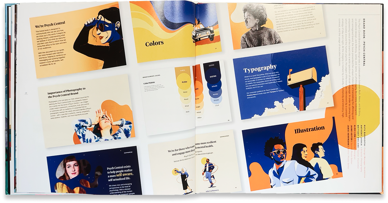 RVO Health editorial spread demonstrates the brand’s colors, typography, illustration style, and page layouts.