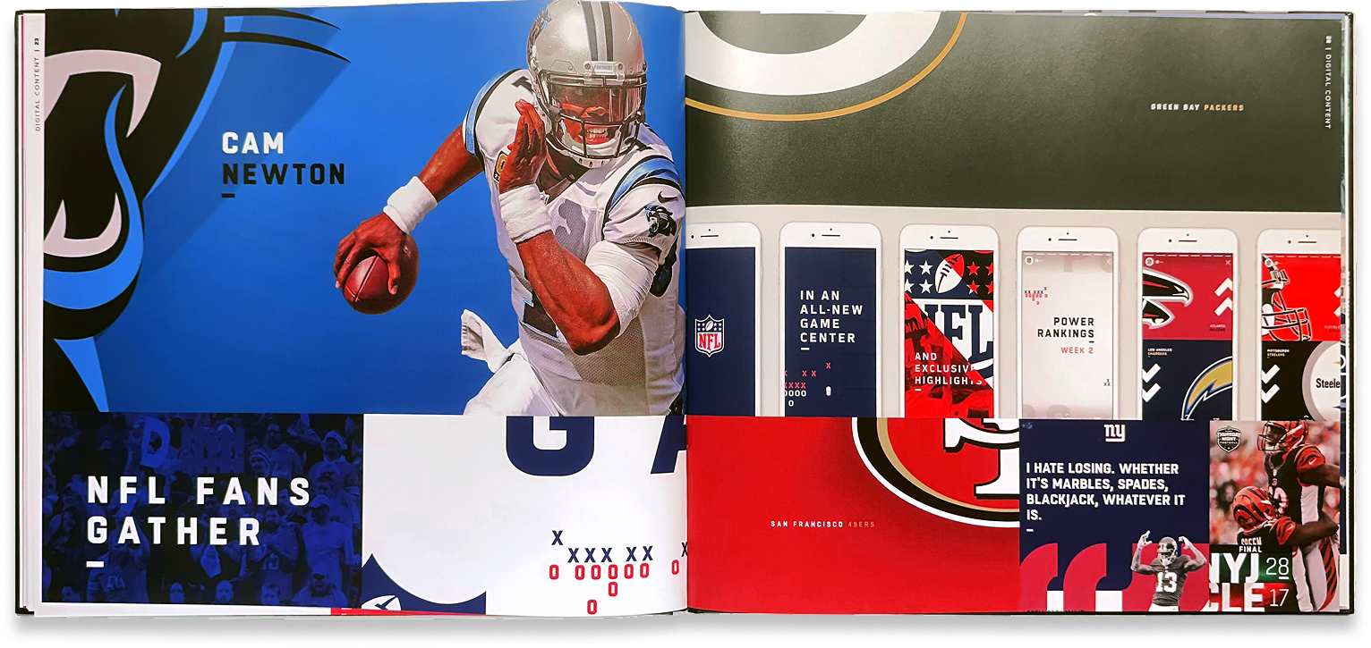 NFL Fans Gather campaign spread featuring Cam Newton, fan photography, and coordinated mobile and social designs.