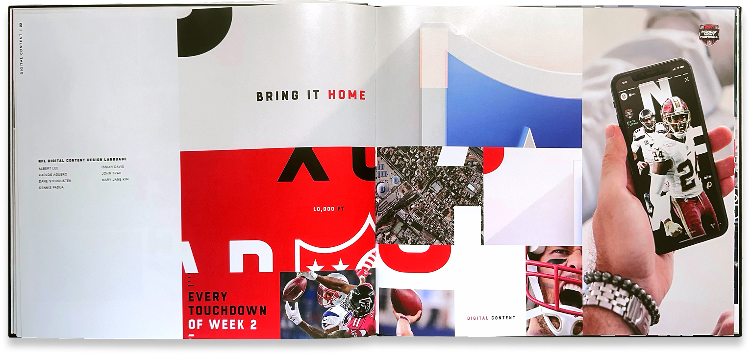 Showcase book spread featuring NFL mobile-app screens and red, black, and white social graphics.