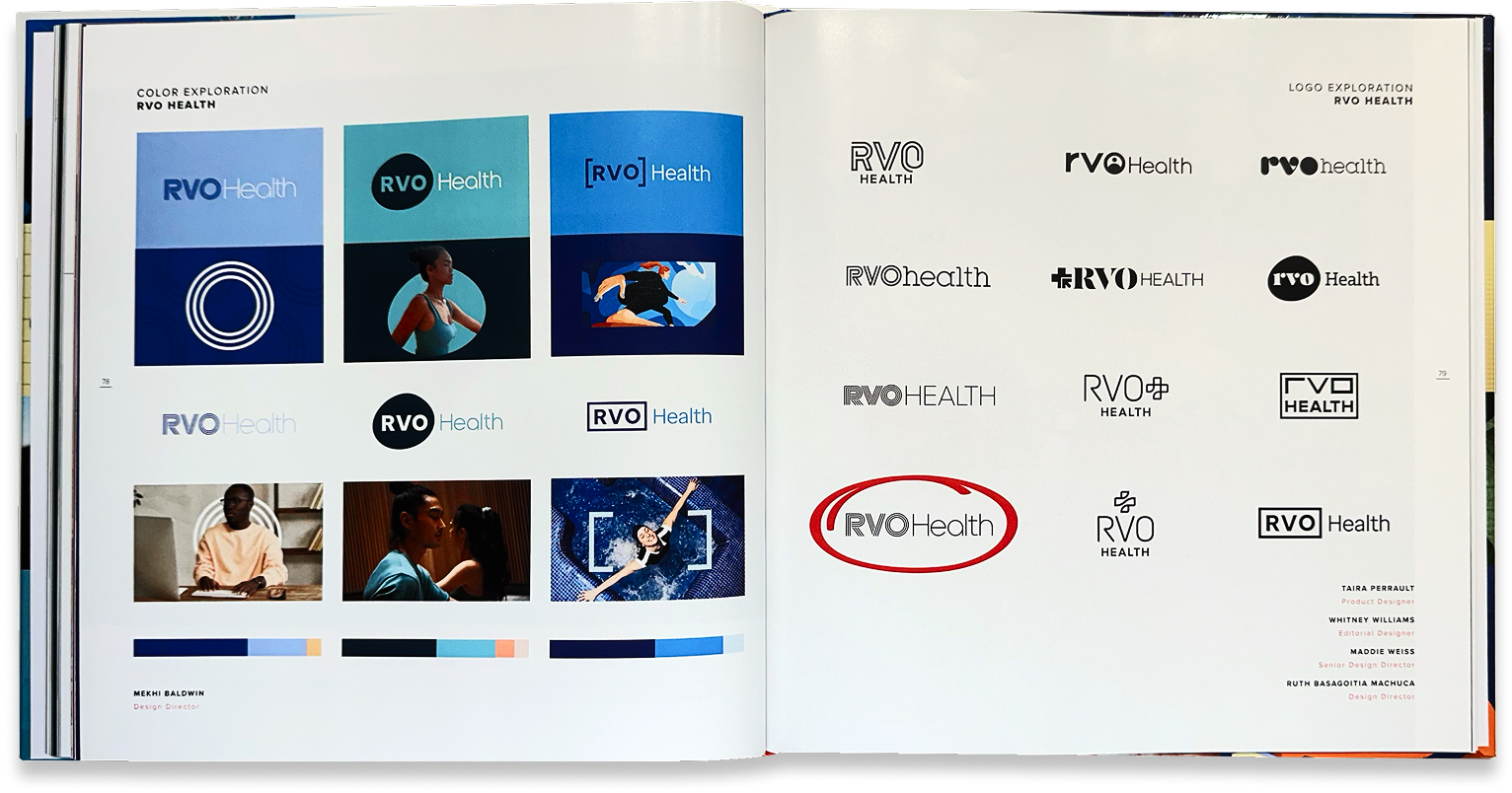 RVO Health logo exploration board shows color variations, sub-brand marks, and applications across media.