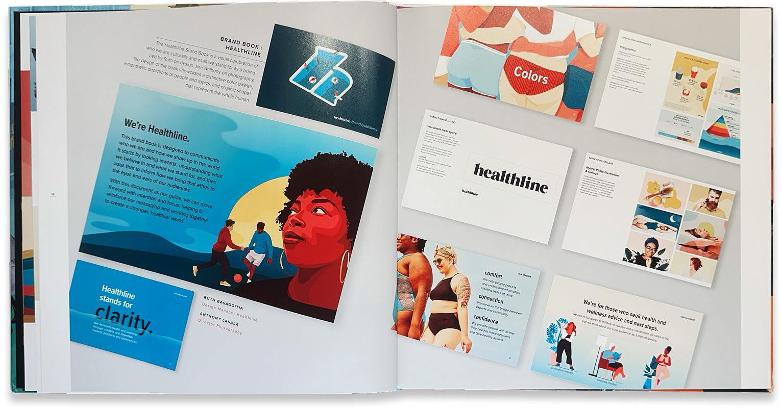 Health editorial brand spread combining article layouts, illustrations, and digital content examples.