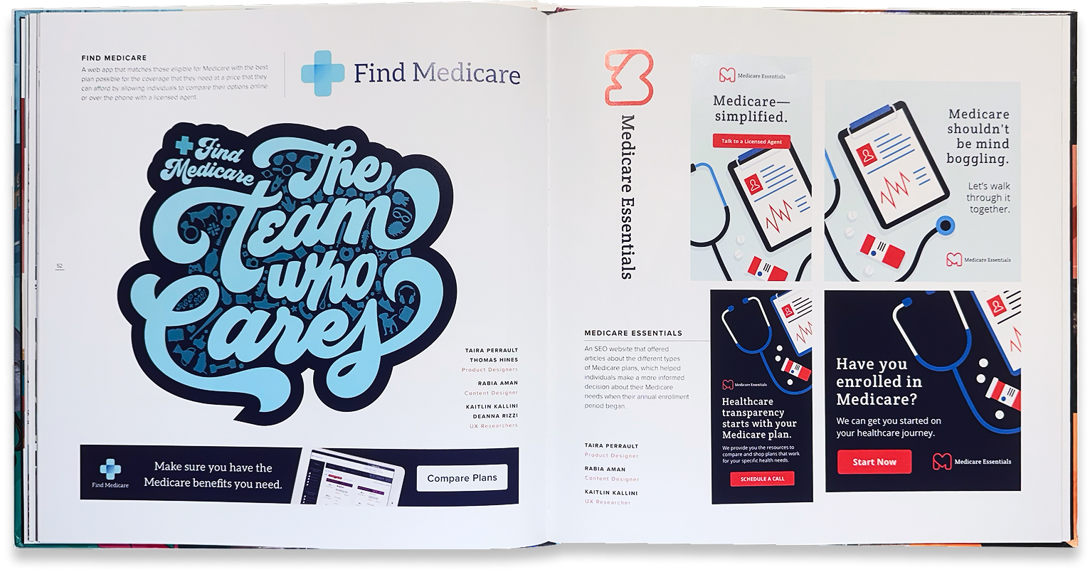 Healthcare brand-mark spread includes “The Team Who Cares” artwork and Medicare campaign materials.
