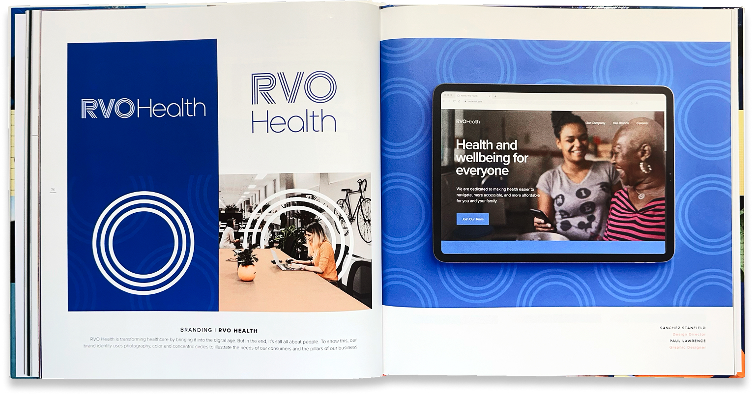 RVO Health identity spread pairs logo treatments with a mobile health-and-wellbeing interface.
