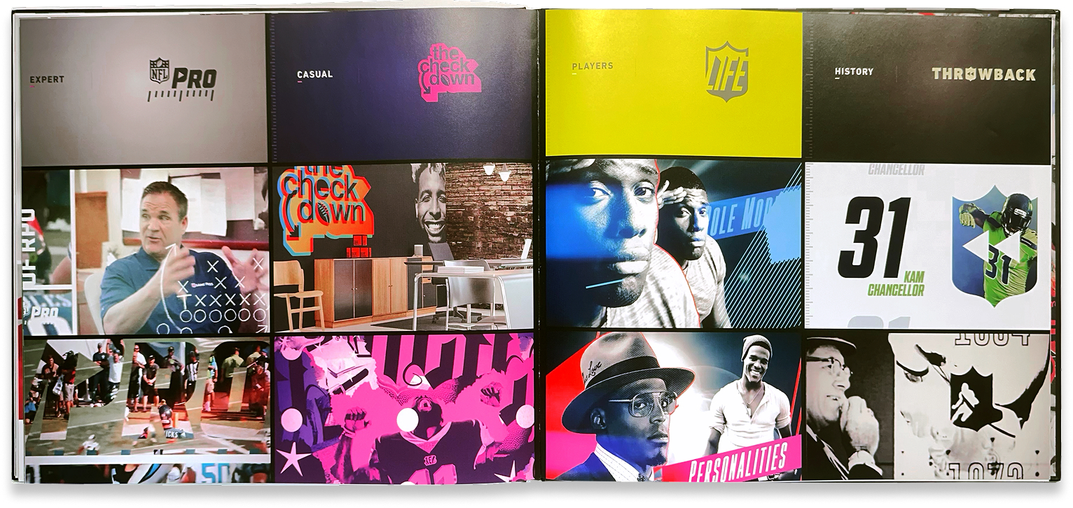 Innovation showcase spread presents a grid of experimental sports concepts, prototypes, and visual explorations.