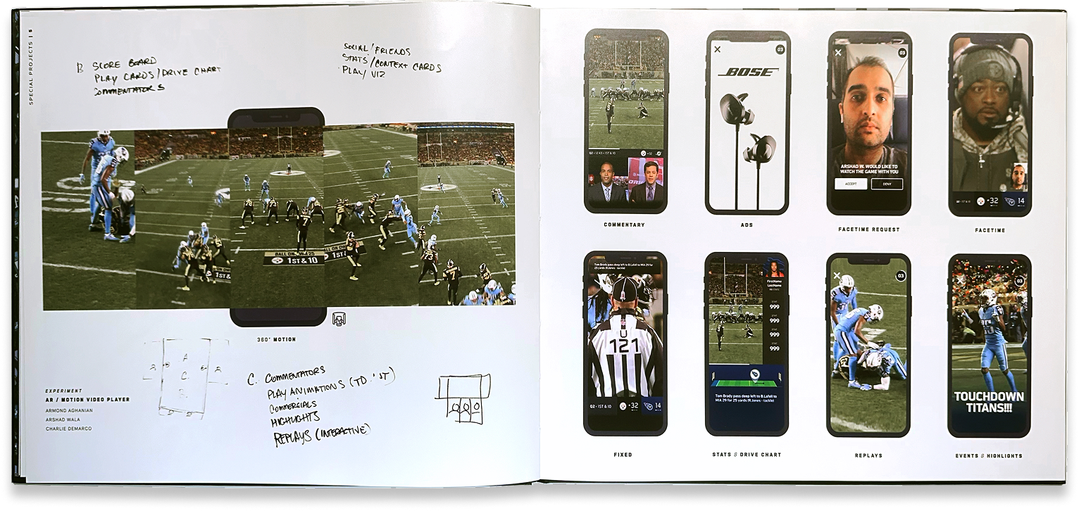 Augmented football-viewing concept combines a game projection with companion mobile screens and annotated notes.
