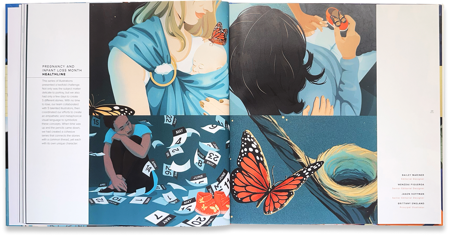 Illustration spread portrays people in moments of care, reflection, creativity, and transformation.