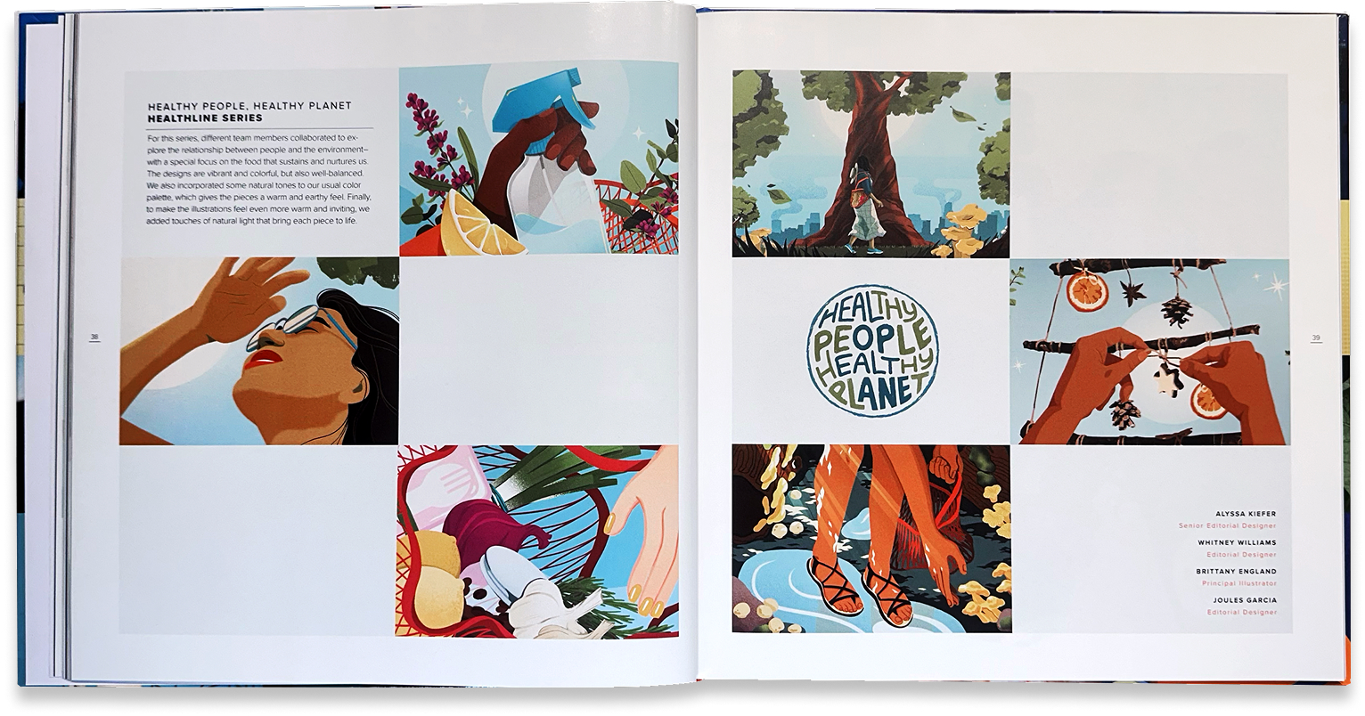 Editorial illustration spread combines people, plants, animals, and a “What are people really saying?” graphic.