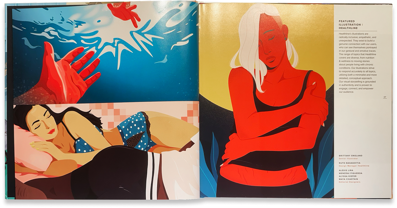 Editorial health illustrations depict reaching hands, rest, and emotional isolation in bold blocks of color.