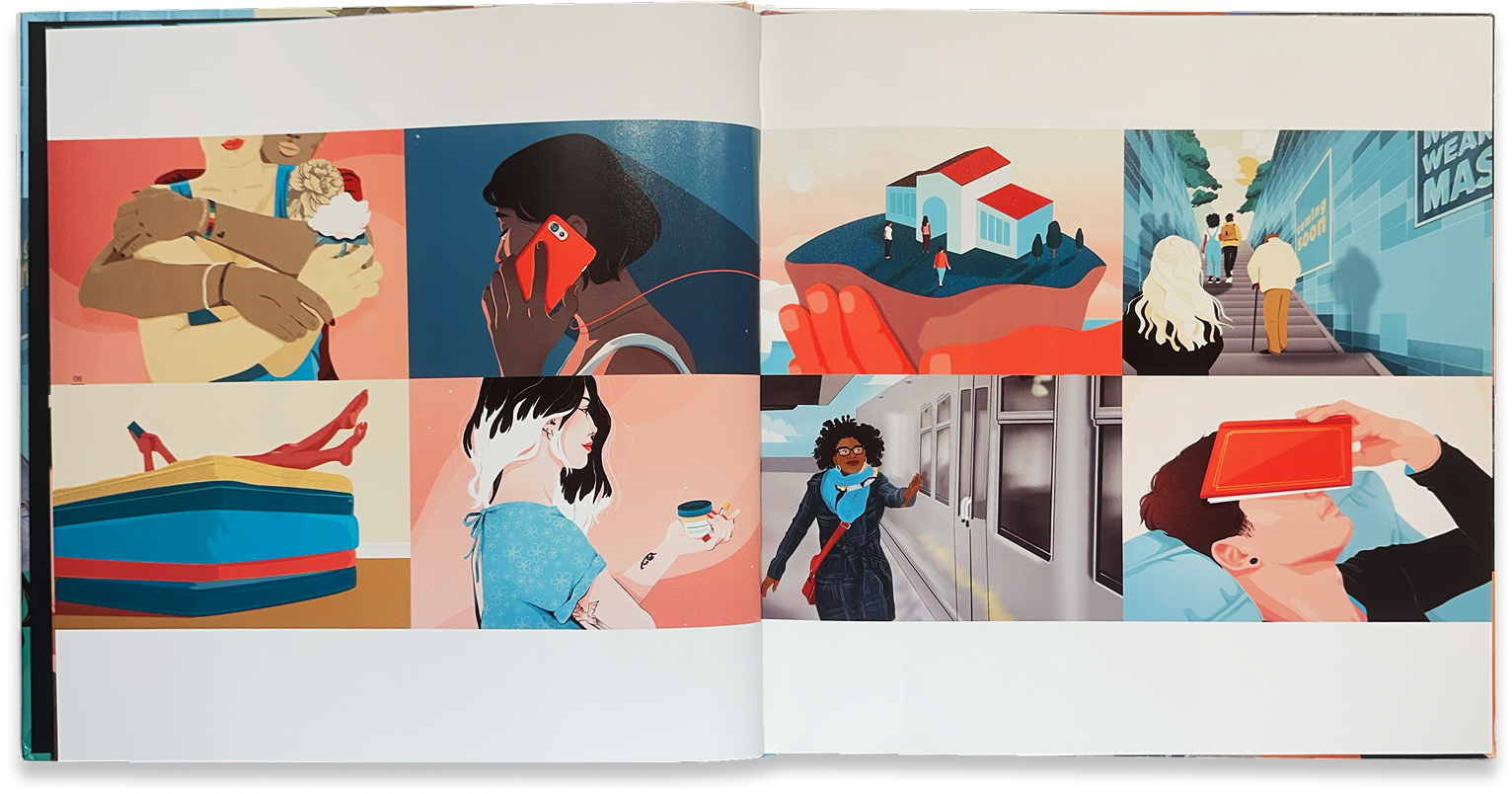 Narrative illustrations show everyday scenes of home life, travel, anxiety, and companionship.