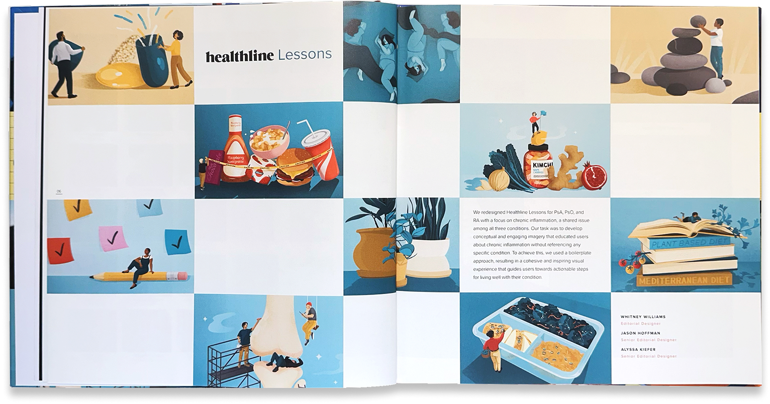 Healthline Lessons illustration library uses playful scenes to explain wellness, learning, and daily habits.