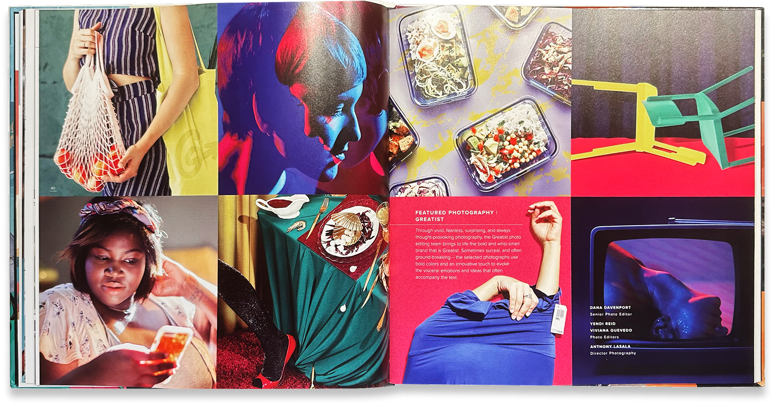 Vibrant photography collage pairs people, food, technology, and everyday objects in saturated color.