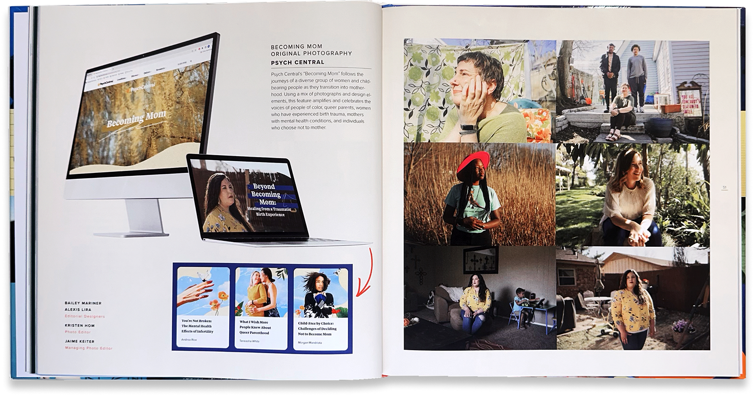 Photography campaign spread shows imagery across devices alongside behind-the-scenes production and outdoor portraits.