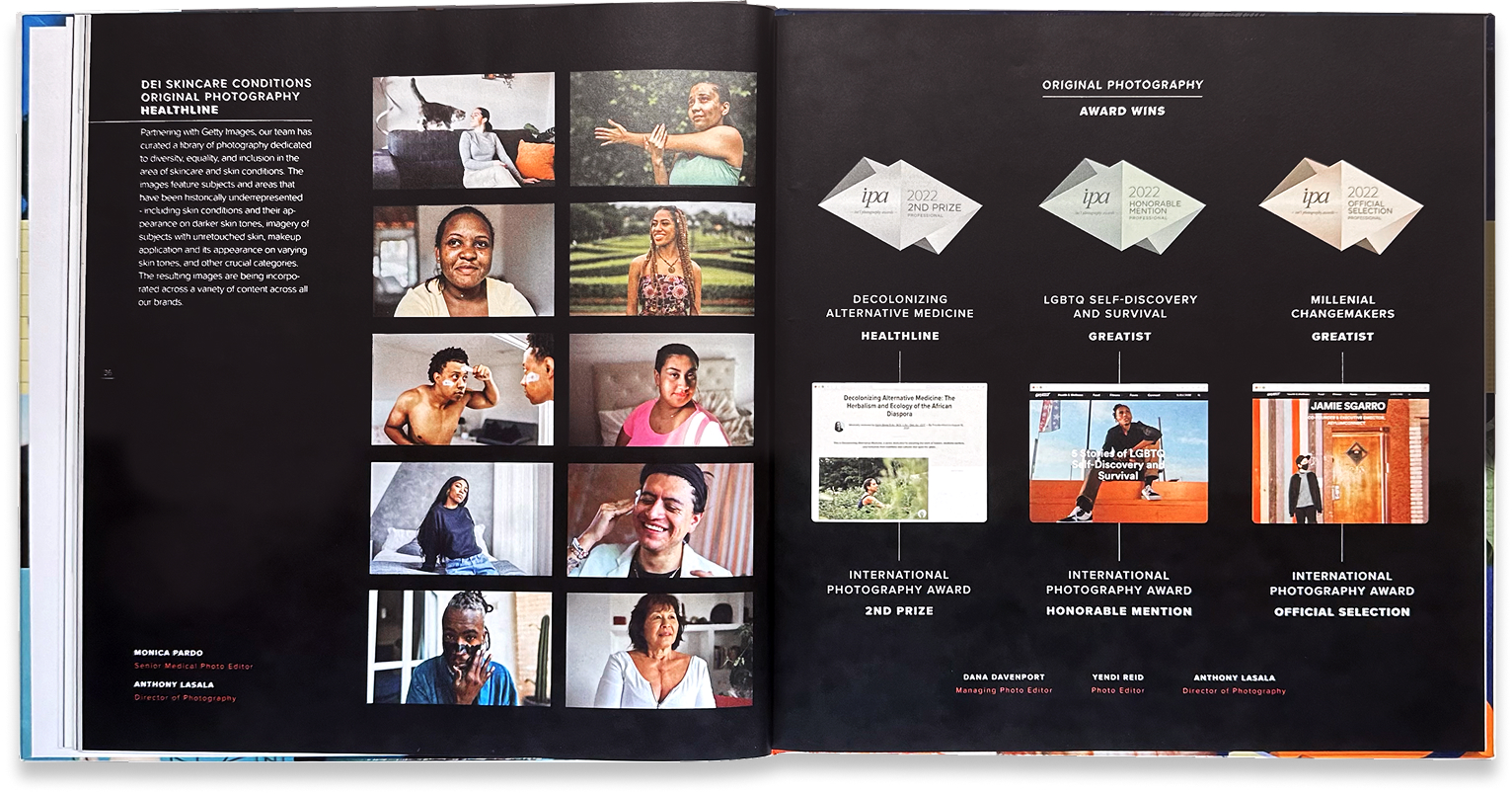 Black editorial spread organizes portraits, interview stills, and photography selections into a cohesive visual system.
