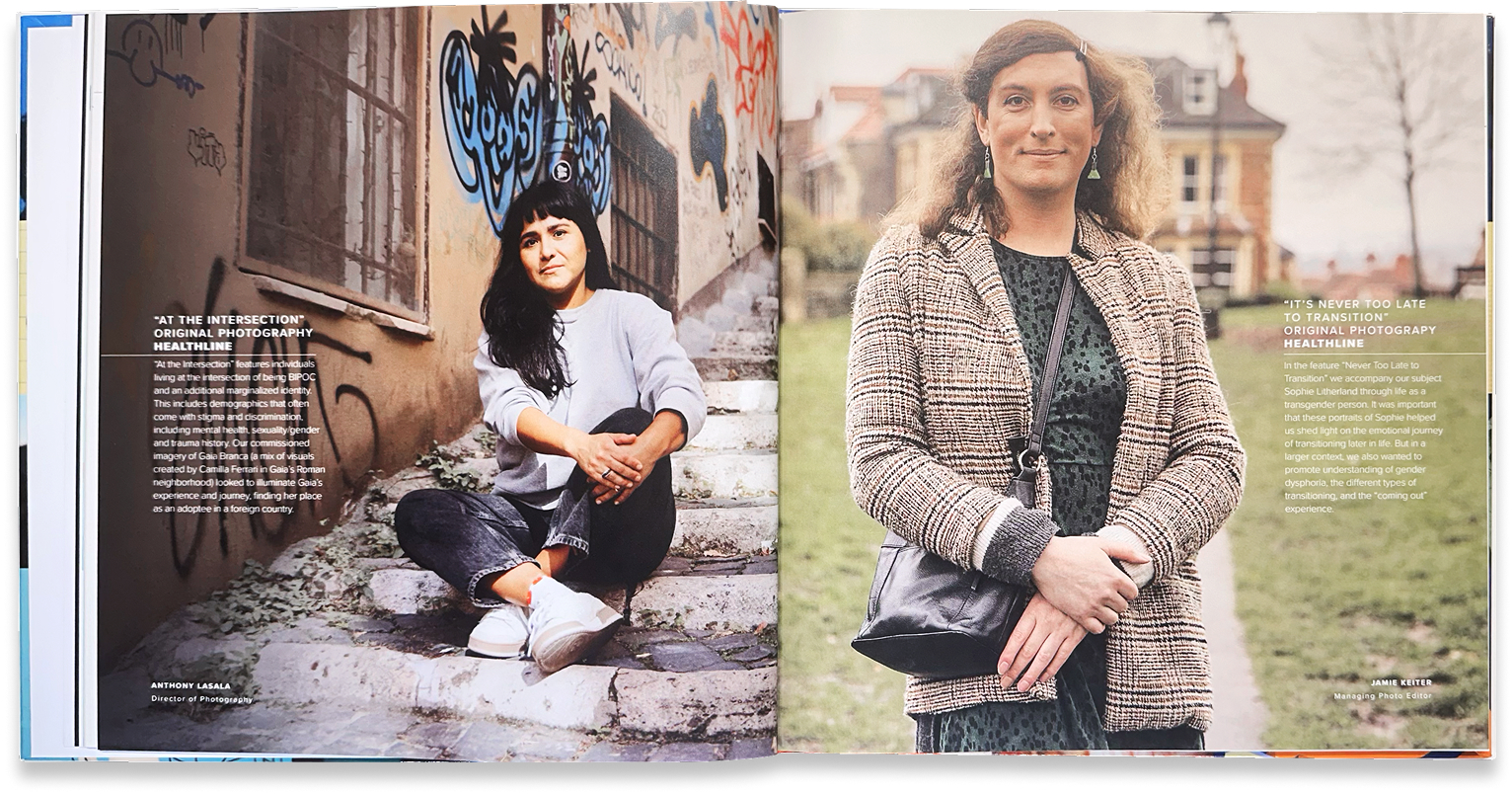 Documentary portraits feature one woman seated near graffiti and another standing outdoors in a town square.