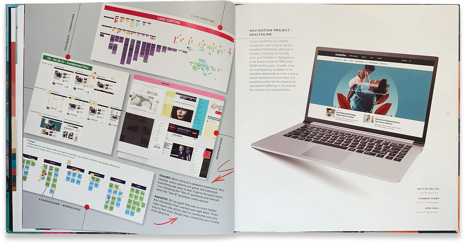 Product-design process spread pairs annotated interface explorations with the finished experience on a laptop.