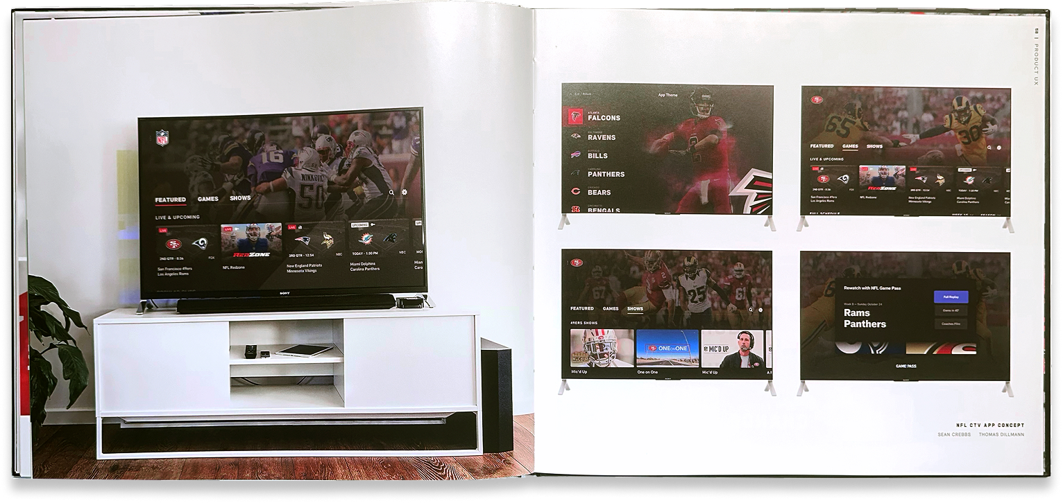 Connected-TV sports interface and supporting screen states displayed in a living-room setting.
