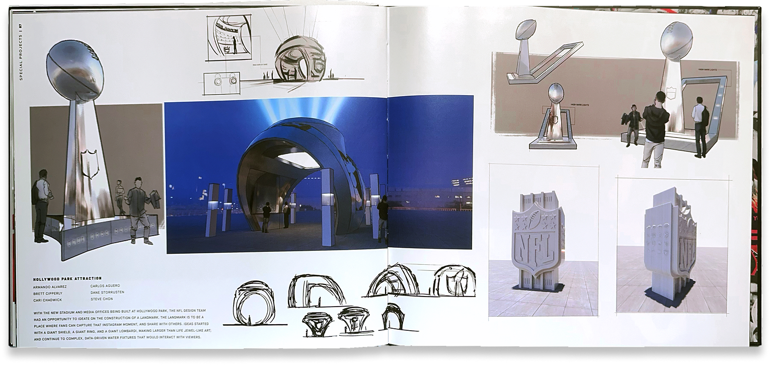 Event-design spread pairs a blue immersive installation rendering with sketches of trophies, helmets, and display structures.